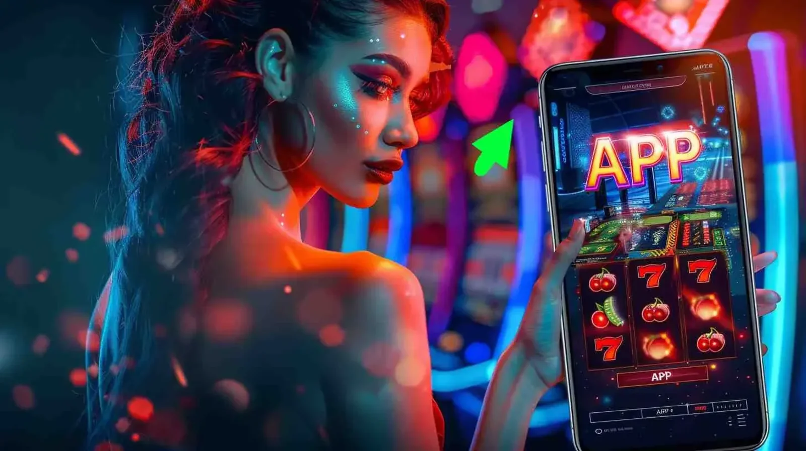 Stylish woman holding a smartphone with a casino app, slot reels, and an upward arrow symbolizing app download and growth