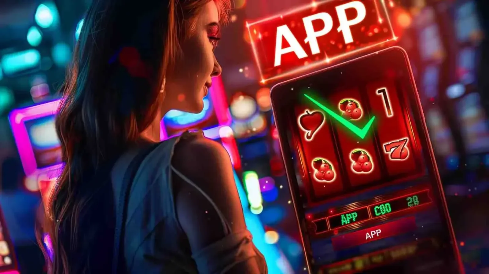 Woman playing mobile casino slot game on a smartphone with glowing app interface, cherries and sevens symbols in a neon casino environment
