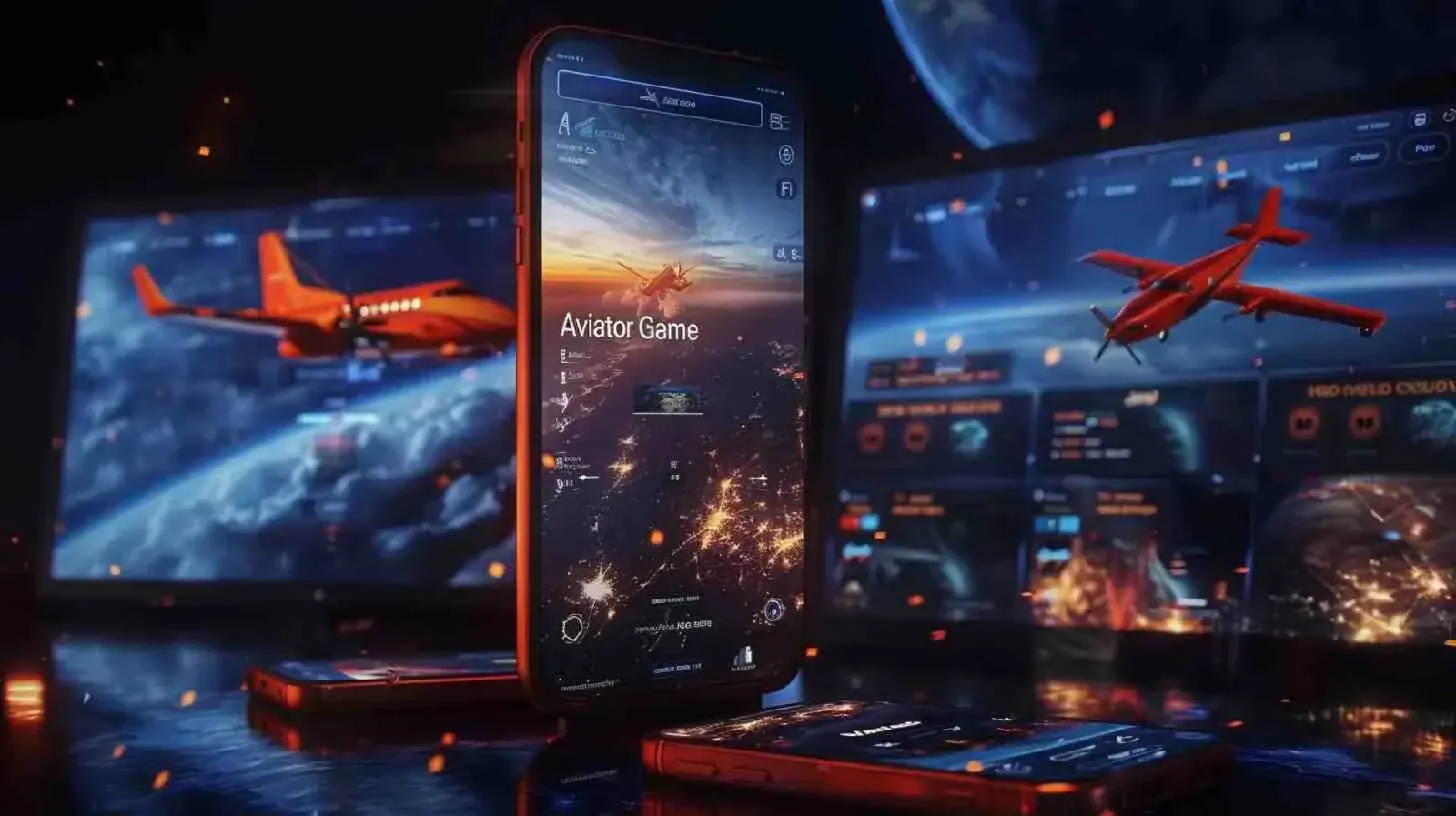 Smartphone displaying Aviator game interface with airplanes and live statistics on multiple screens in the background