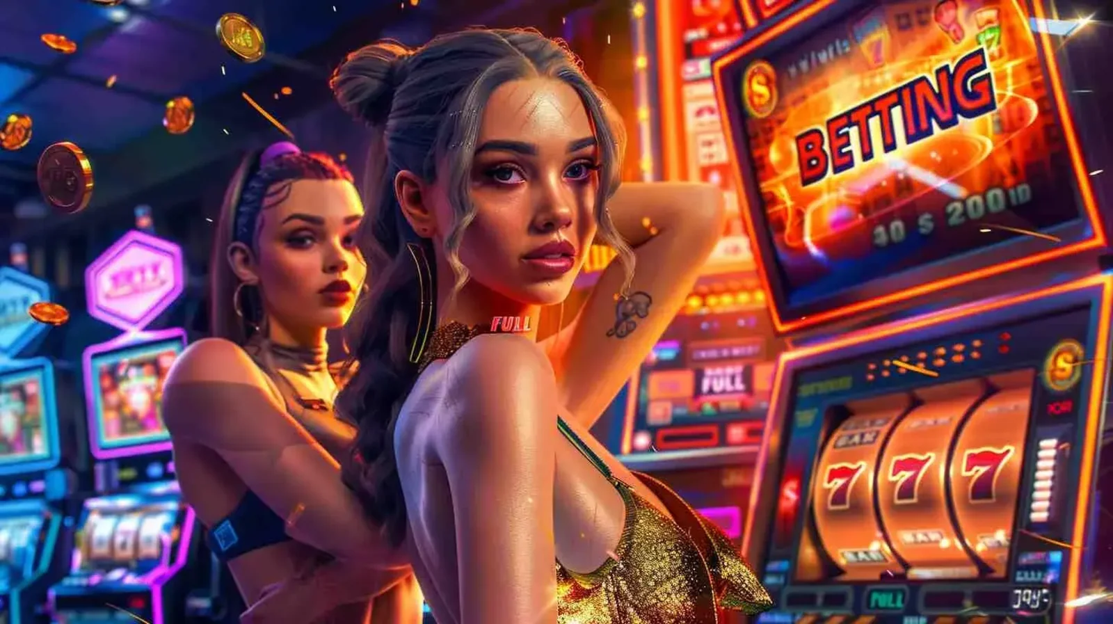Stylish players in a neon casino environment with slot machines and a betting screen, symbolizing online sportsbook betting