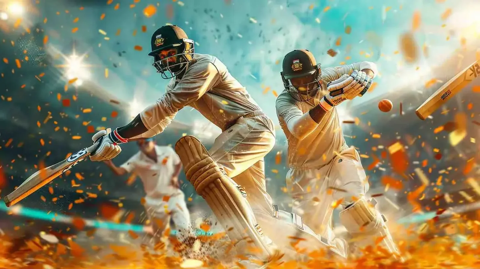 Professional cricket players in intense match action with dynamic motion and flying particles, representing live sports betting excitement