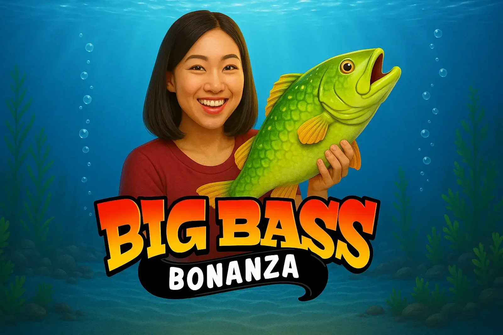 Smiling woman holding a large bass underwater, representing a big win in Big Bass Bonanza slot