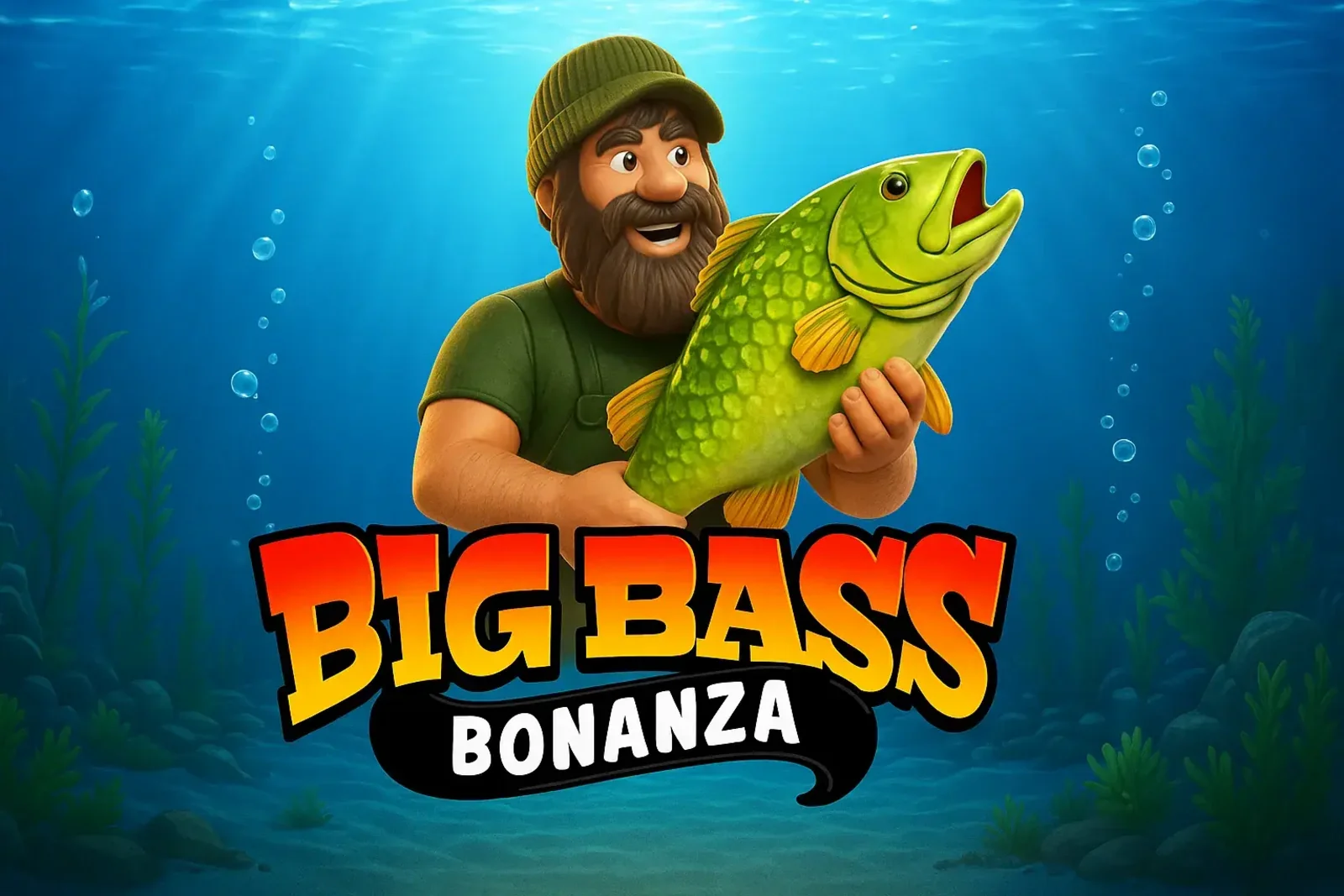 Cartoon fisherman holding a giant green bass underwater, official Big Bass Bonanza slot logo