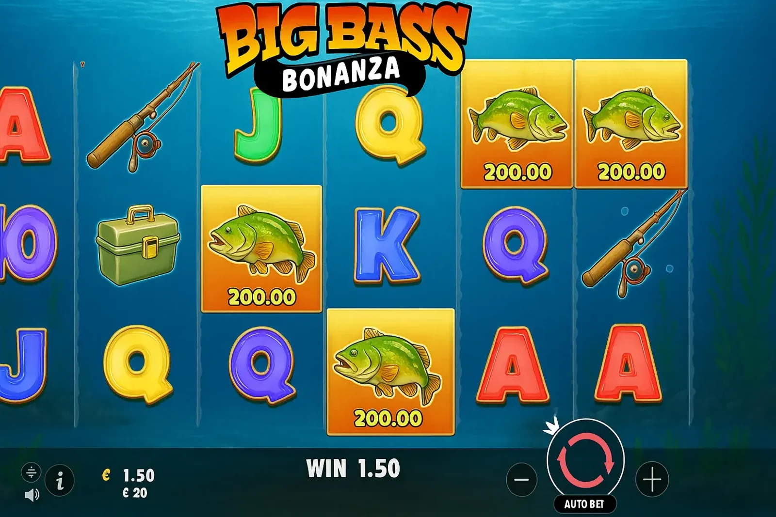Big Bass Bonanza slot reels with fish symbols, fishing rods, tackle boxes, and underwater bonus elements