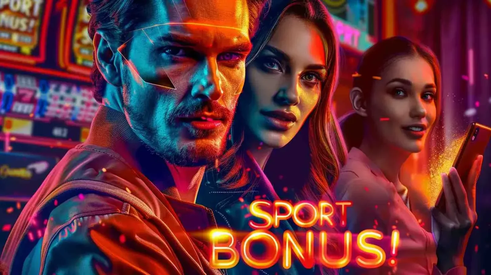 Stylish players in a neon casino environment with a sport bonus promotion banner, representing exclusive betting rewards