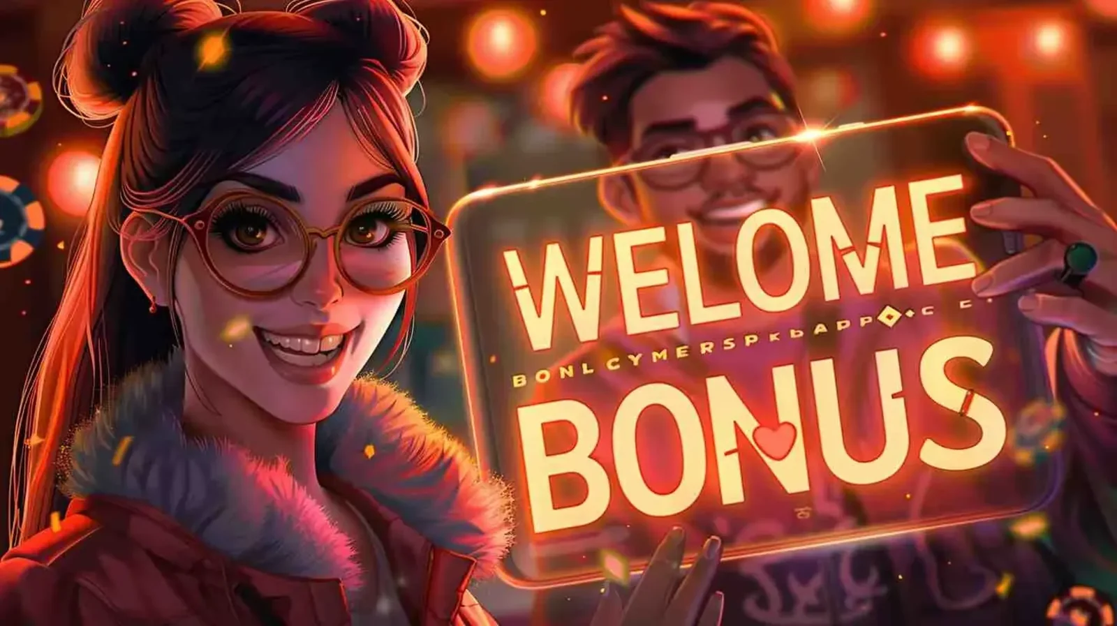 Smiling players holding a glowing welcome bonus sign in a festive casino atmosphere, symbolizing a new player reward
