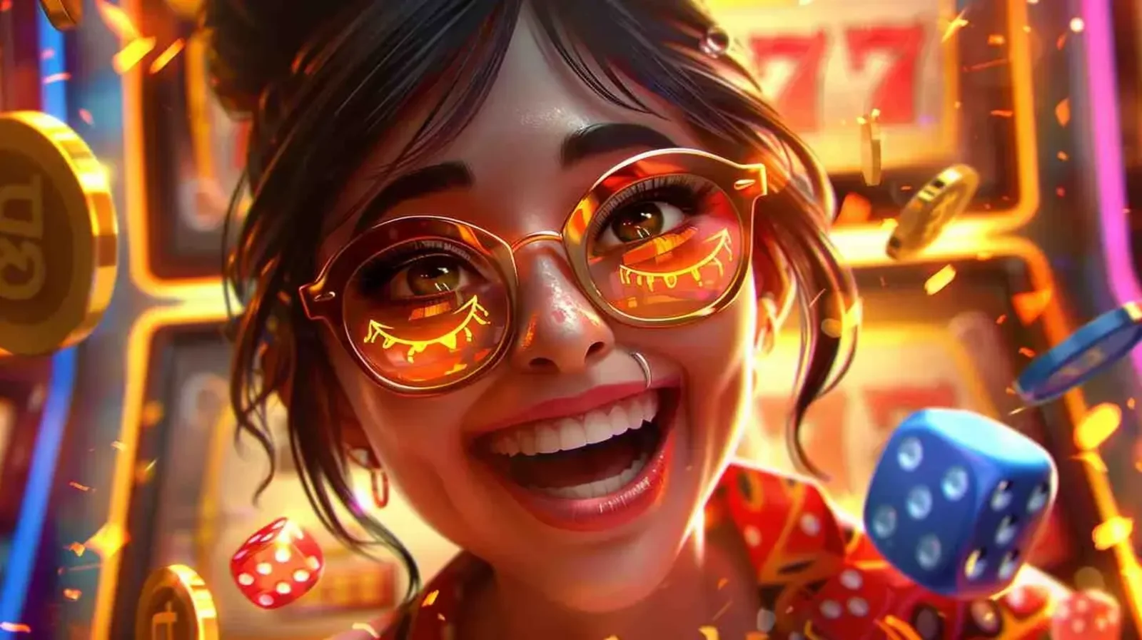 Excited casino player with glowing dice, coins and slot machines in the background, representing thrilling casino games and big wins