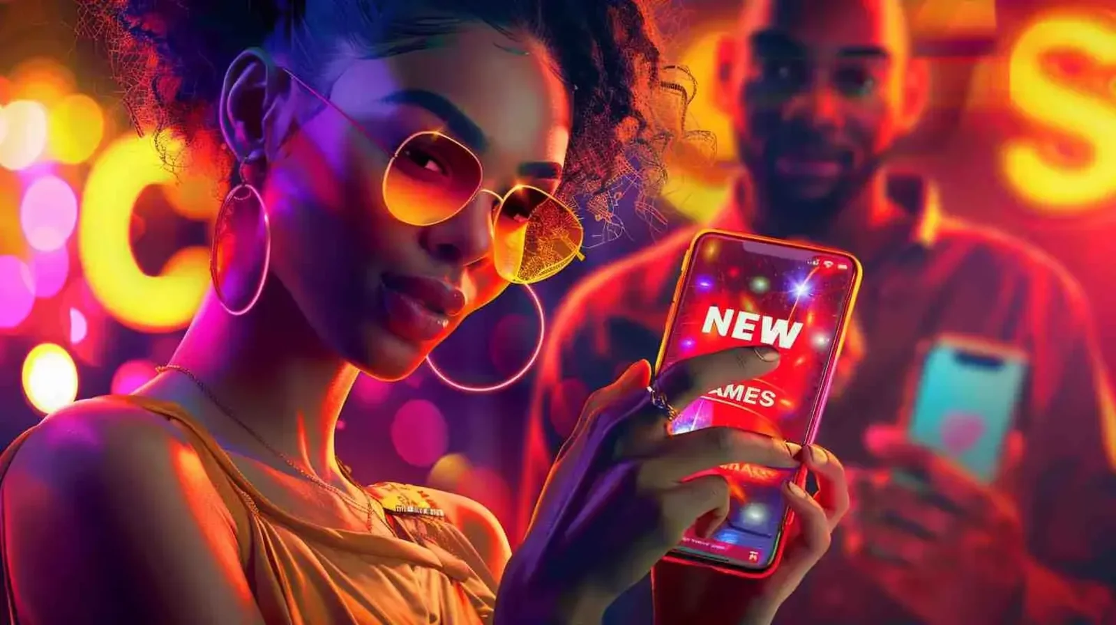 Stylish woman holding a smartphone with new casino games displayed on screen in a colorful neon casino atmosphere