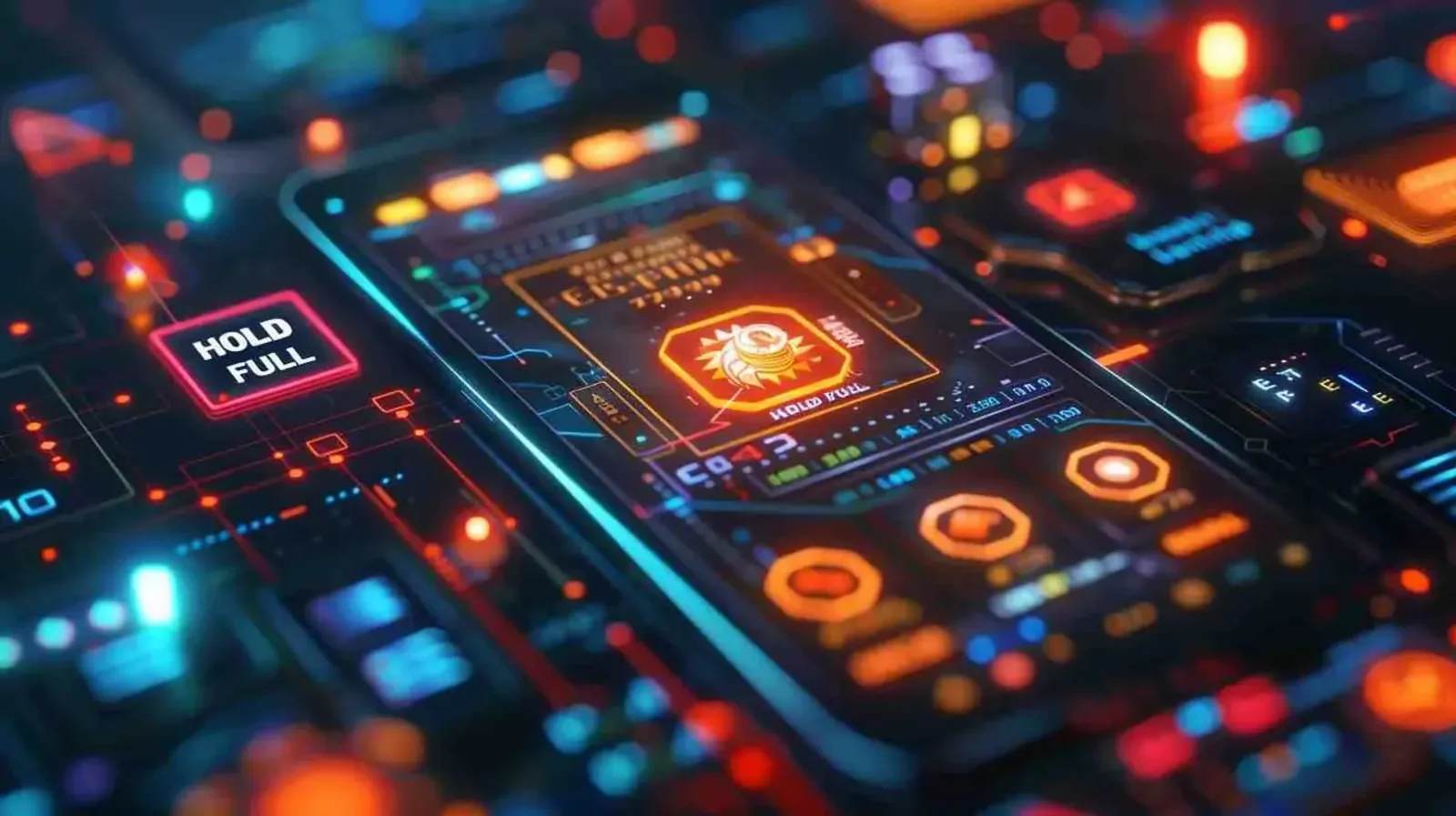 Futuristic online casino game interface with digital controls, card game elements and a hold full feature