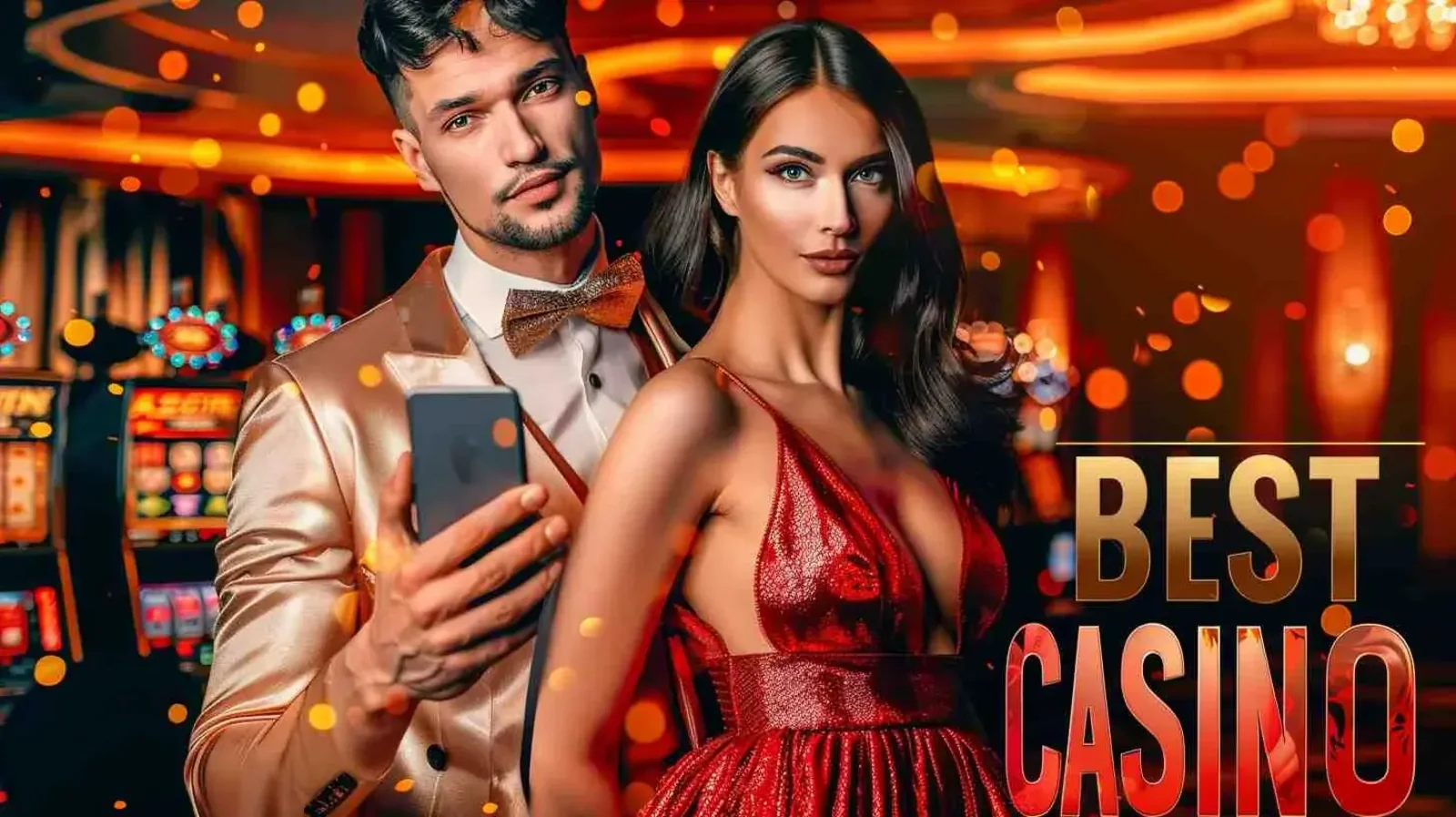 Elegant couple in a luxury casino holding a smartphone against a background of slot machines, representing the best online casino experience