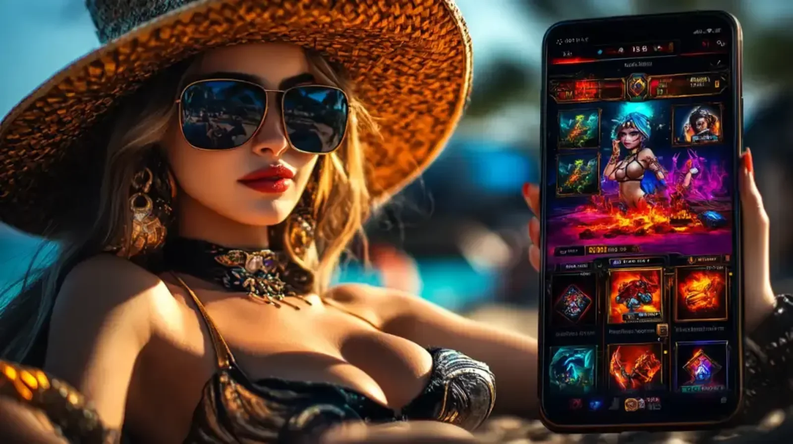 Woman wearing a hat and sunglasses holding a smartphone with a mobile casino and popular slot games