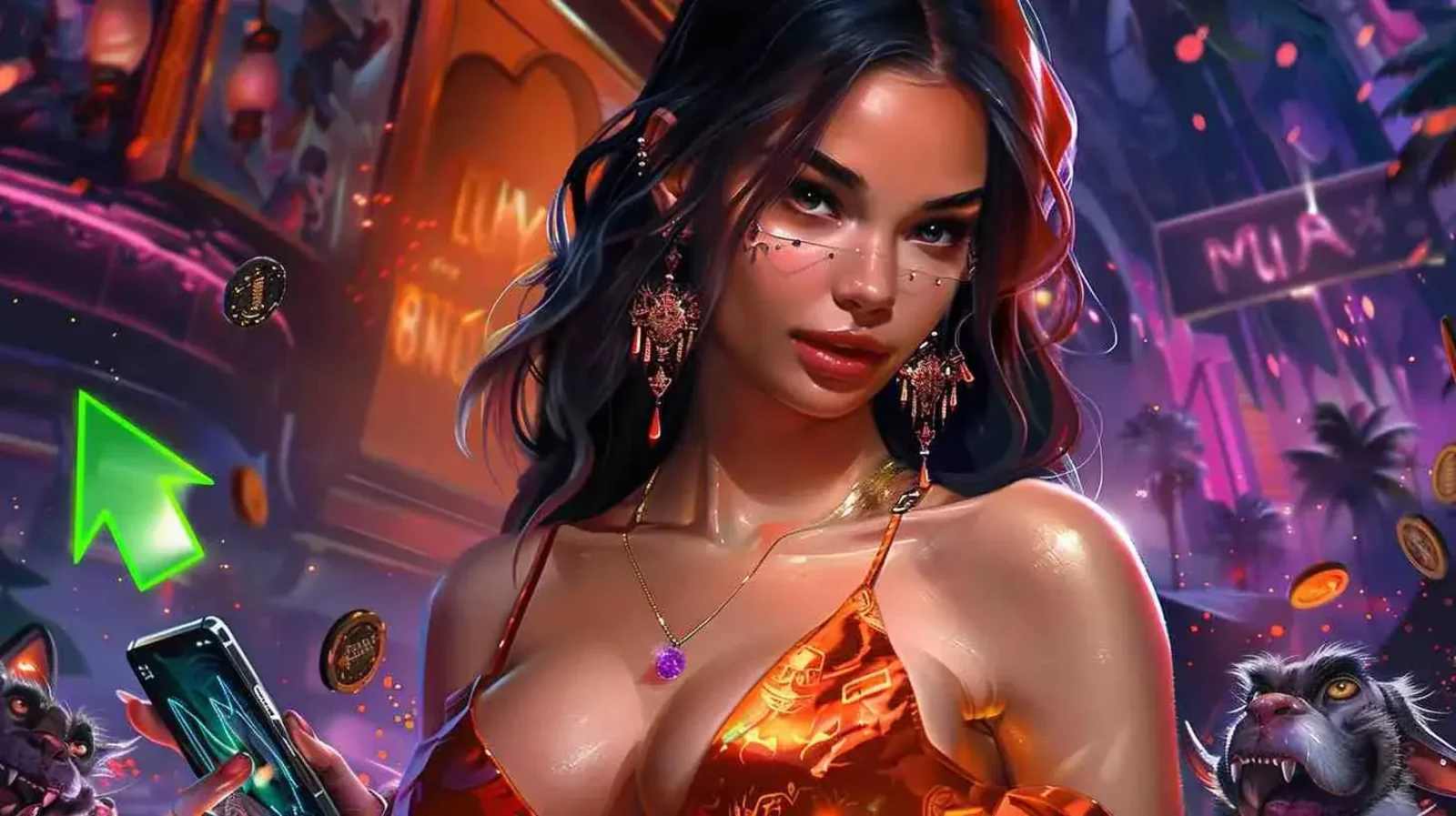 Glamorous woman with a mobile casino app, flying coins and a profit growth arrow in a neon night casino atmosphere