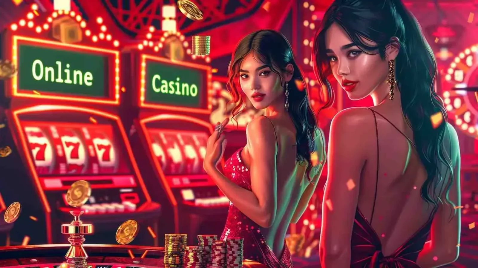 Two stylish women near online casino slot machines with jackpot symbols, chips, and an online casino sign