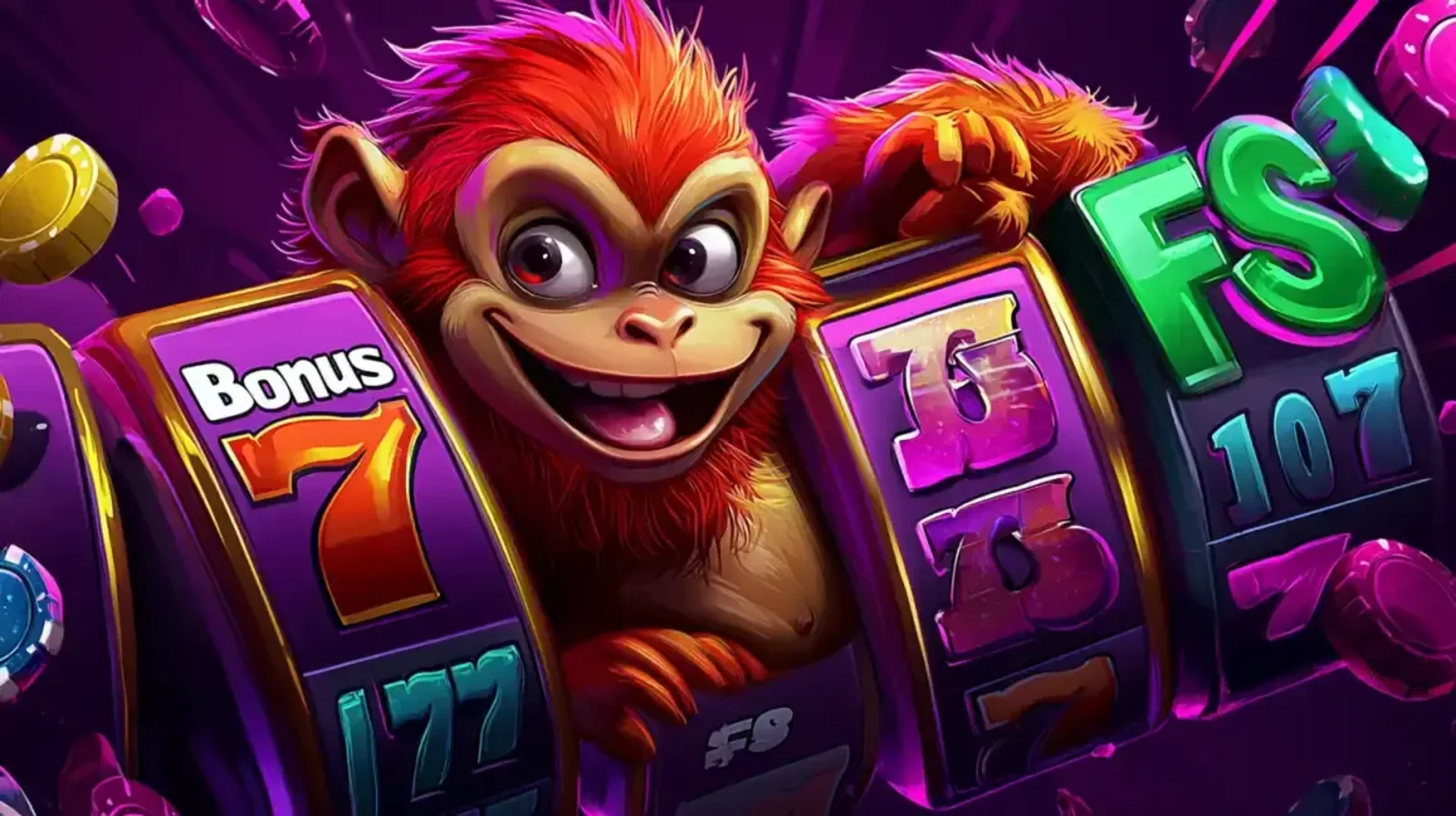 Colorful slot game with a cartoon monkey and bonus reels, featuring sevens and free spins symbols