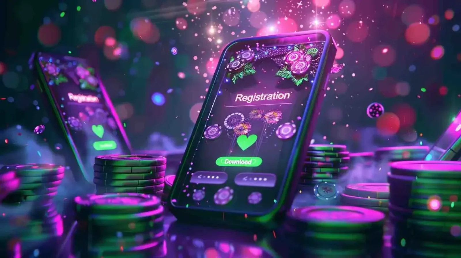 Mobile casino registration screen with stacked chips, glowing effects, and a download button for quick sign up