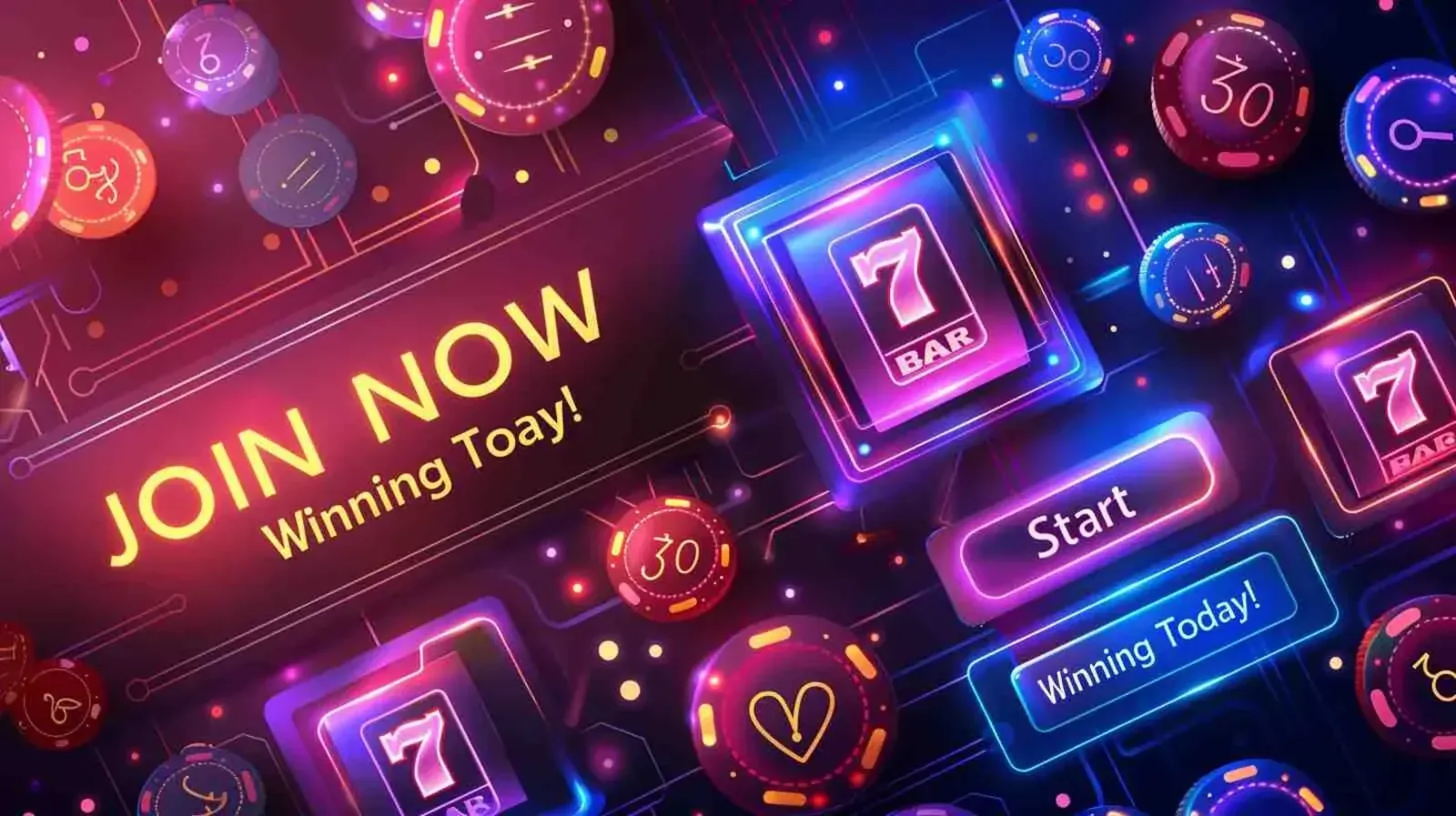 Neon casino interface with slot symbols, chips, and a join now message encouraging players to start winning today