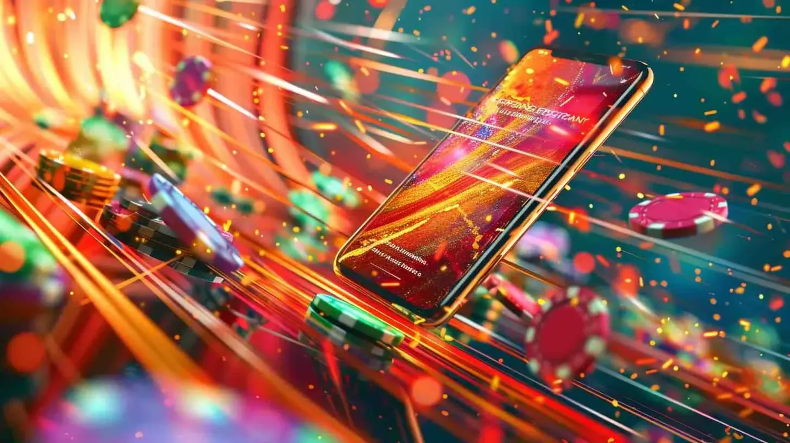 Smartphone flying through casino chips and light trails, symbolizing fast and secure mobile casino registration