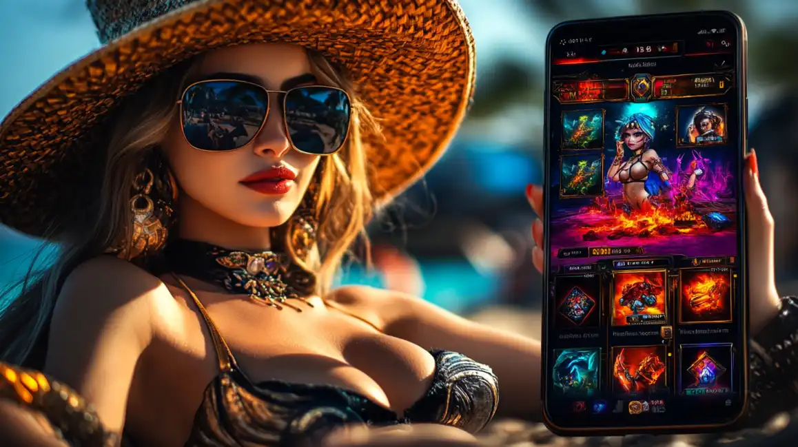 Woman in sunglasses and sun hat displaying mobile fantasy gaming app at beach location