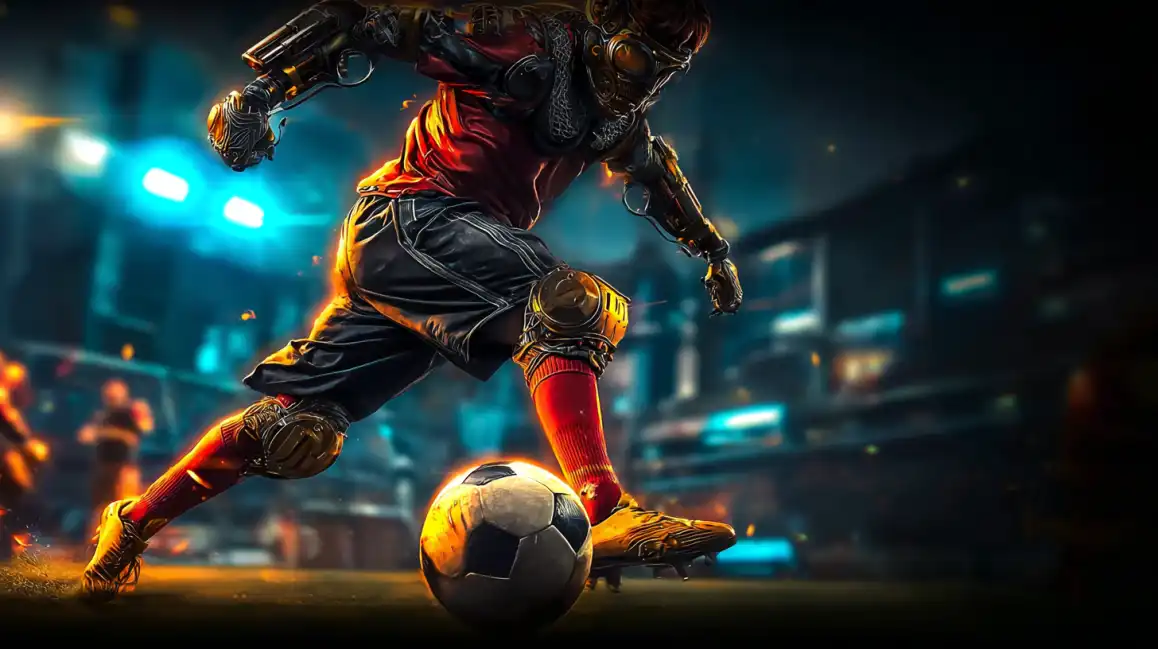 Futuristic soccer player in armored gear kicking ball in cyberpunk city environment