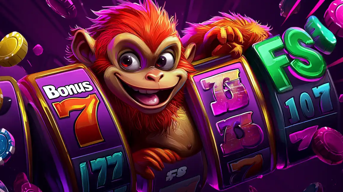Energetic cartoon monkey character with slot machine reels showing bonus and free spins