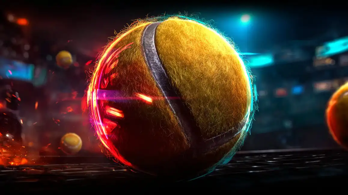 Tennis ball with dramatic neon lighting effects for sports betting visualization